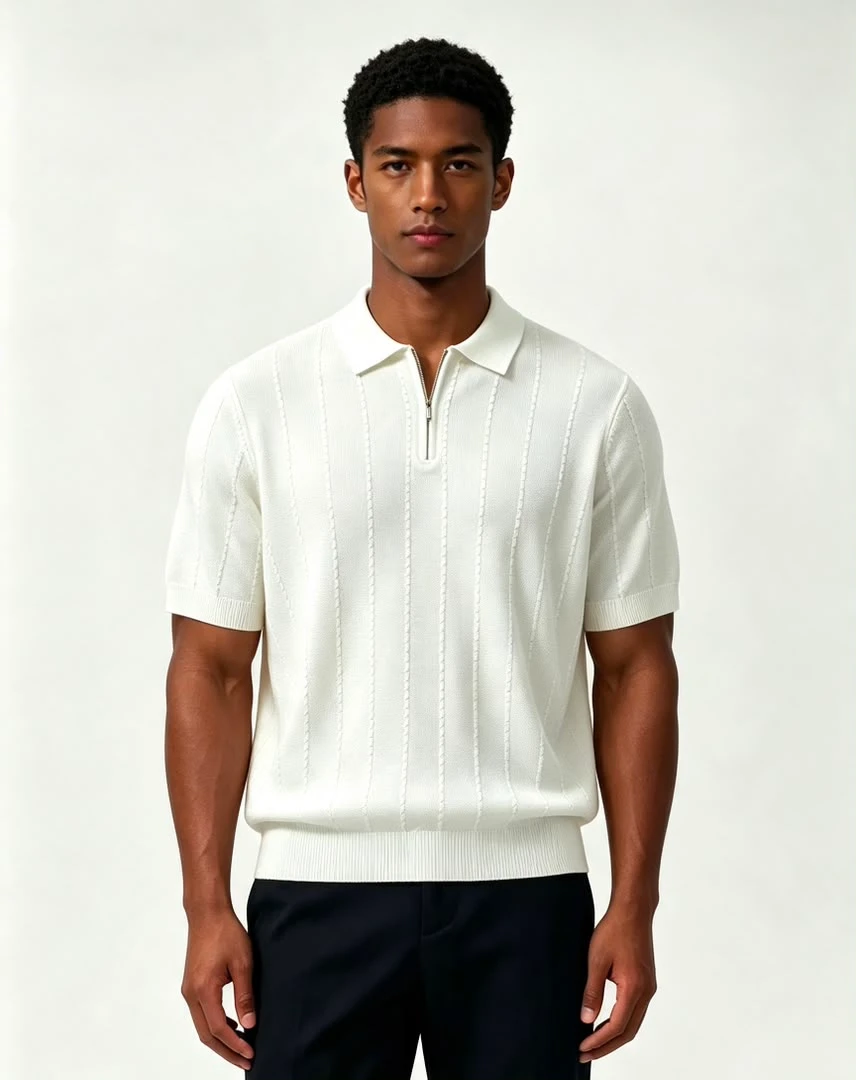 Polo homme en maille tricotée blanche à fermeture éclair – Style premium