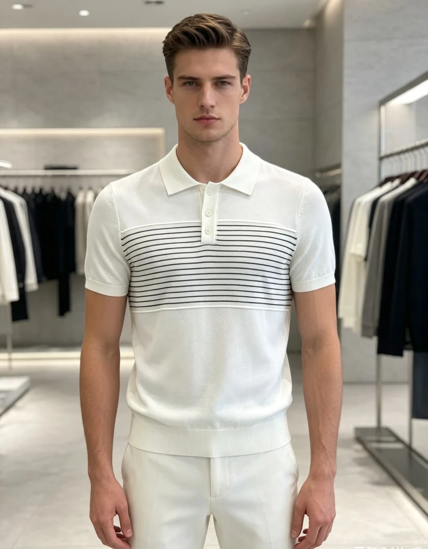 Polo homme en maille tricotée blanche à rayures – Élégant et moderne