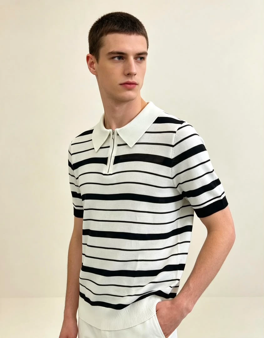 Polo homme en maille rayée à fermeture éclair